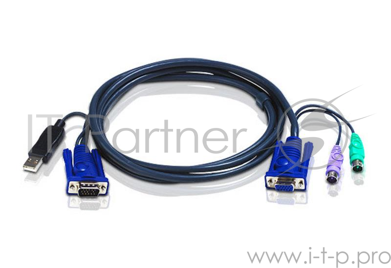 Кабель ATEN KVM Cable 2L-5502UP Кабель для KVM: USB(Am)+DB15(m) (PC) -на- 2*PS/2(m)+DB15(f) (KVM), 1.8м