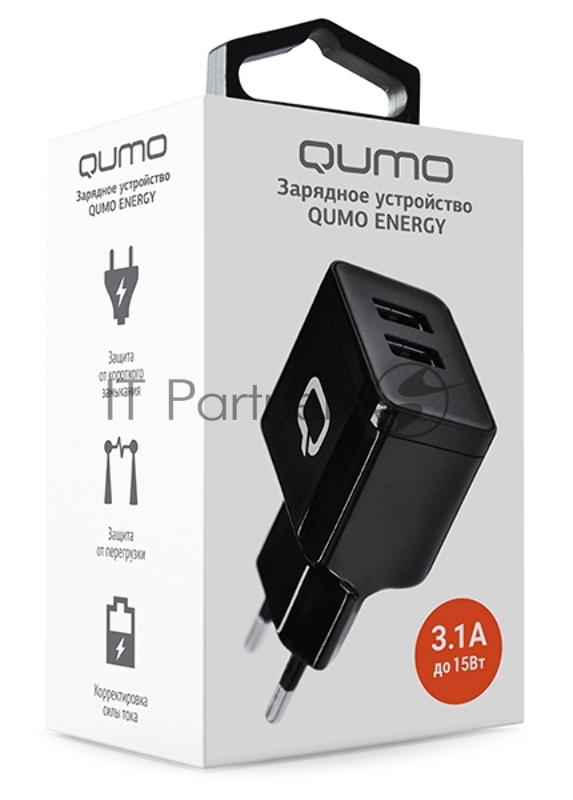 Сетевое зарядное устройство Qumo Energy (Charger 0061), 2 USB, 3.1A, черный