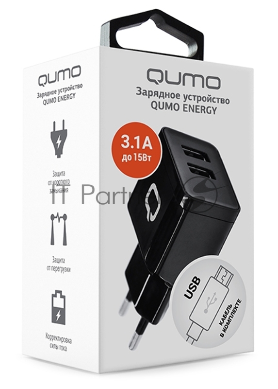 Сетевое зарядное устройство Qumo Energy (Charger 0062), 2 USB, 3.1A, Micro USB cable, черный