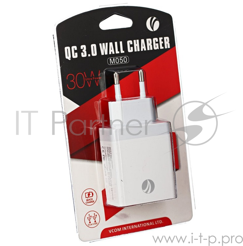 Зарядное устройство 2 порта AC (EU Plug 100-220V) -> USB, IC, Quick Charge 3.0 VCOM <M050/CA-M050>