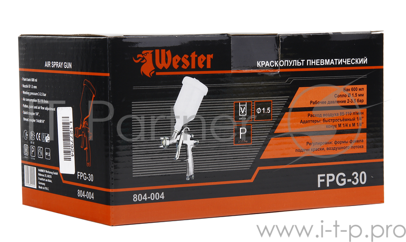 Краскопульт WESTER FPG-30 LVLP, 0.6л верхн.бак(нейлон), 1.5мм, 2-3.5бар, 85-110л/мин