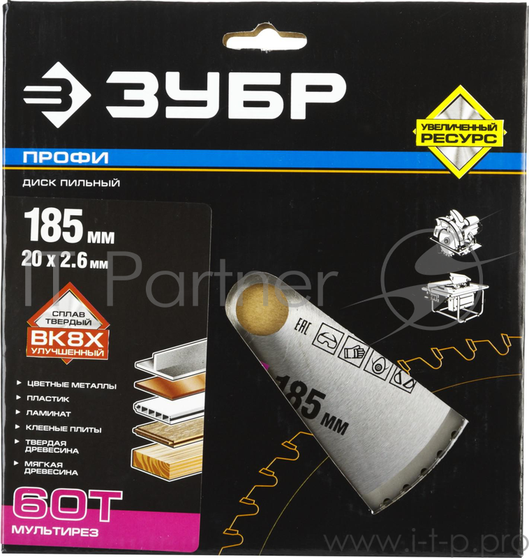 Круг пильный твердосплавный ЗУБР 36853-185-20-60 ПРОФИ точный-мульти рез 60T 185х20мм