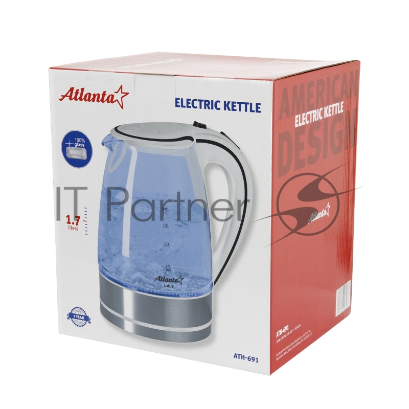 Чайник ATLANTA, ATH-691 белый, стекло Стекло, 2,0л, 2000Вт, иллюминация, быстрое закипание, фильтр от накипи, защита от перегрева.