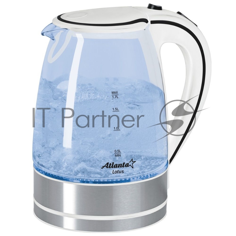 Чайник ATLANTA, ATH-691 белый, стекло Стекло, 2,0л, 2000Вт, иллюминация, быстрое закипание, фильтр от накипи, защита от перегрева.