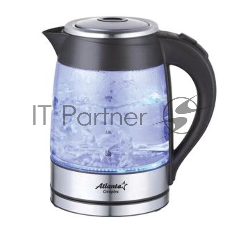 Чайник ATLANTA, ATH-2462 черный, стекло Стекло, 1,8л, 2000Вт, иллюминация, поворот на подставке на 360С, фильтр от накипи.