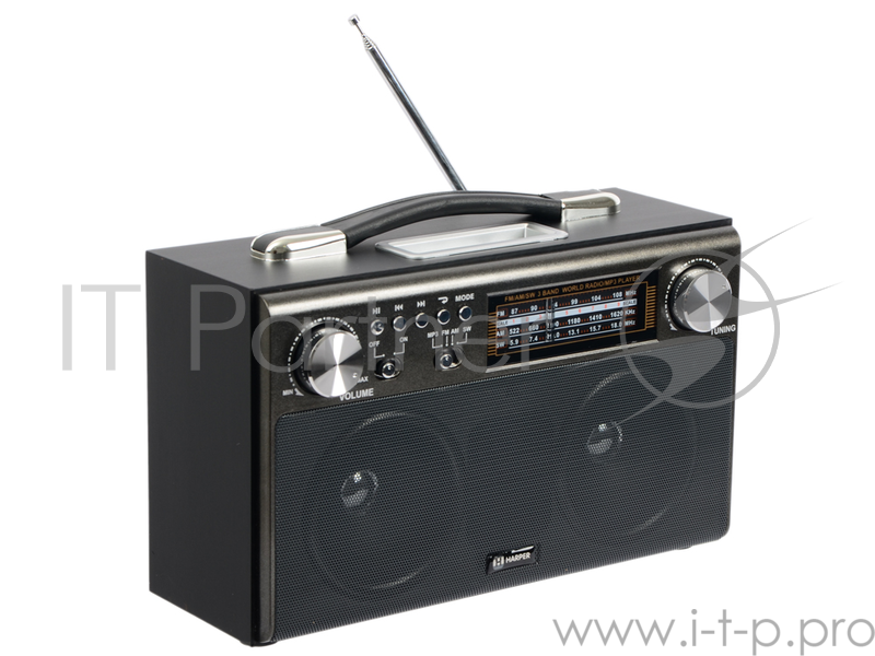 Радиоприемник HARPER HDRS-033 Встроенный MP3-плеер. Встроенный аккумулятор 1400 mAh USB, SD, microSD AUX AM 522-1620 КГц, FM 87-108 МГц, SW 5,9-18 МГц. Питание от сети 220В 50 Гц. Питание от батареек 6V, тип D (R20), 4шт. Антенна телескопическая.