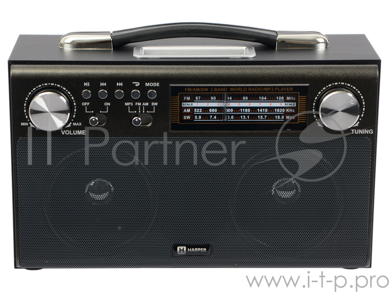 Радиоприемник HARPER HDRS-033 Встроенный MP3-плеер. Встроенный аккумулятор 1400 mAh USB, SD, microSD AUX AM 522-1620 КГц, FM 87-108 МГц, SW 5,9-18 МГц. Питание от сети 220В 50 Гц. Питание от батареек 6V, тип D (R20), 4шт. Антенна телескопическая.