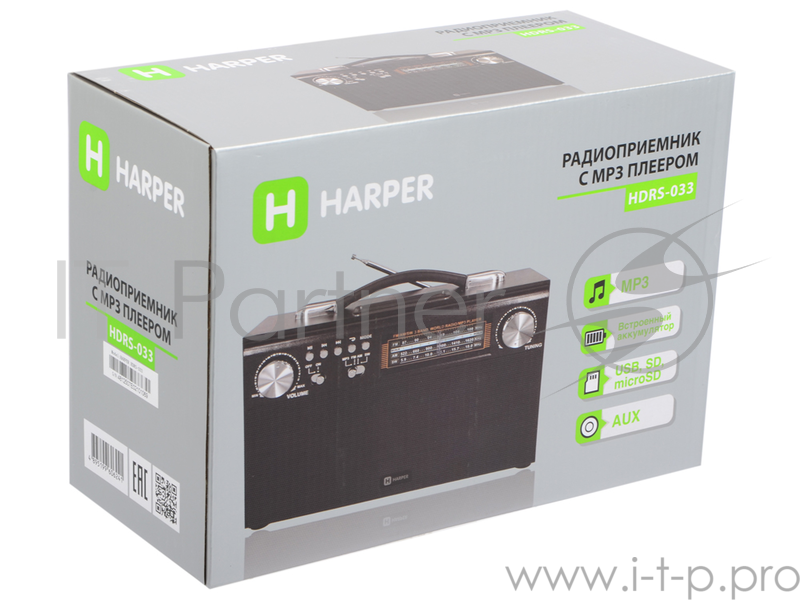 Радиоприемник HARPER HDRS-033 Встроенный MP3-плеер. Встроенный аккумулятор 1400 mAh USB, SD, microSD AUX AM 522-1620 КГц, FM 87-108 МГц, SW 5,9-18 МГц. Питание от сети 220В 50 Гц. Питание от батареек 6V, тип D (R20), 4шт. Антенна телескопическая.