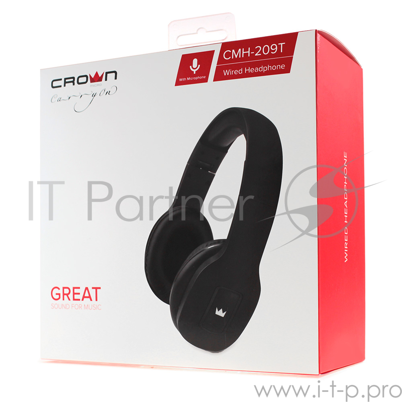 Гарнитура CROWN CMH-209T black ( Закрытого типа с микрофоном на проводе, складной корпус, регулируемое оголовье, длина кабеля 120см, кнопка приёма вызова, штекер jack 3.5мм 4pin, сопротивление 32Ом, мощность 20мВт, чувствительность 100 Дб, частотный