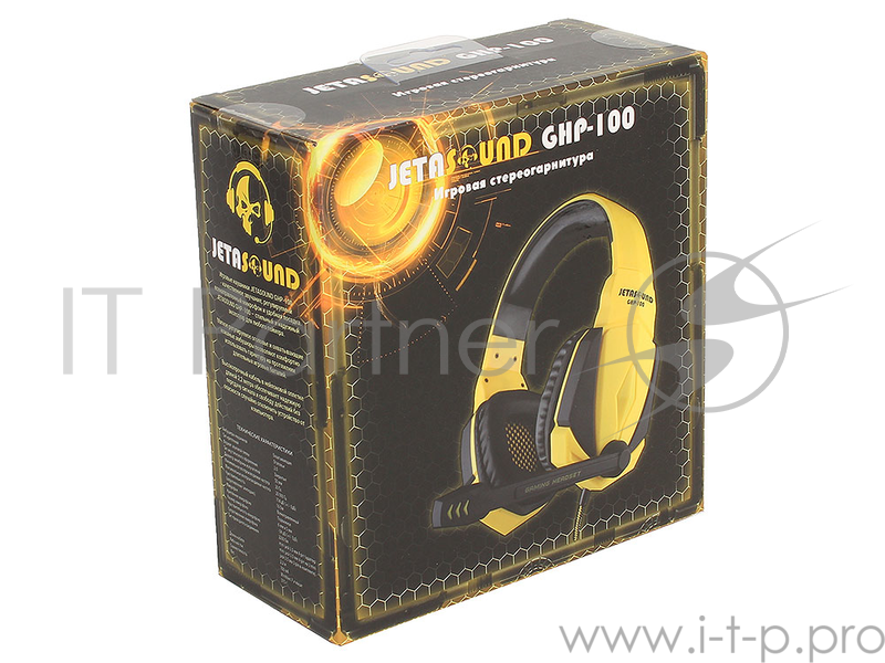 Игровая стереогарнитура Jet.A GHP-100 чёрно-жёлтая (звуковая схема 2.0, ПУ на шнуре, mini jack 3.5мм 4pin + адаптер 2x mini jack 3.5мм 3pin, кабель 2.