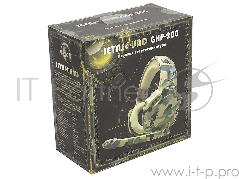 Игровая стереогарнитура Jet.A GHP-200 камуфляж (звуковая схема 2.0, ПУ на шнуре, mini jack 3.5мм 4pin + адаптер 2x mini jack 3.5мм 3pin, кабель 2.2м)