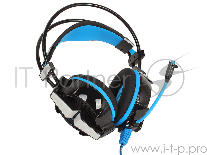 Игровая стереогарнитура с LED-подсветкой Jet.A GHP-400 чёрно-синяя (звуковая схема 2.0, ПУ на шнуре, 2x mini jack 3.5мм 3pin+USB + адаптер mini jack 3