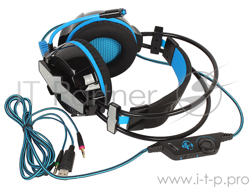 Игровая стереогарнитура с LED-подсветкой Jet.A GHP-400 чёрно-синяя (звуковая схема 2.0, ПУ на шнуре, 2x mini jack 3.5мм 3pin+USB + адаптер mini jack 3
