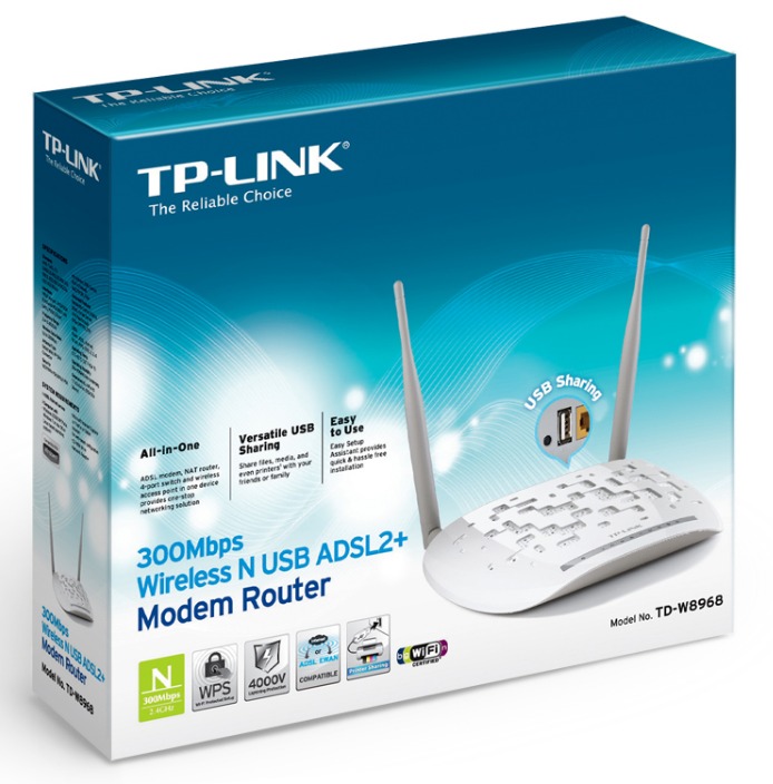 Сетевое оборудование TP-Link TD-W8968 Маршрутизатор со встроенным модемом ADSL2+ , 4x 10/100Mbps, RJ11, 802.11b/g/n, 300Mbps, 1xUSB, 2x5dBi
