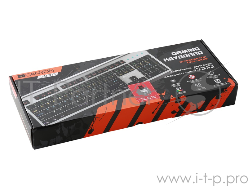 CANYON CND-SKB8-RU {Wired multimedia gaming keyboard with lighting effect, 20pcs rainbow LED & 19pcs RGB light, Numbers 104keys, RU+EN double injectio