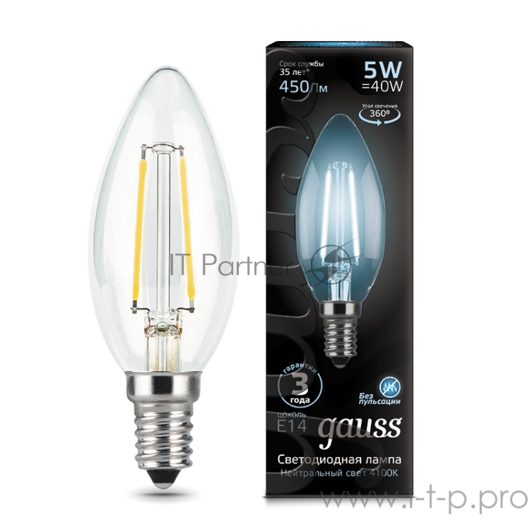 GAUSS 103801205 Светодиодная лампа LED Filament Свеча E14 5W 450lm 4100К 1/10/50