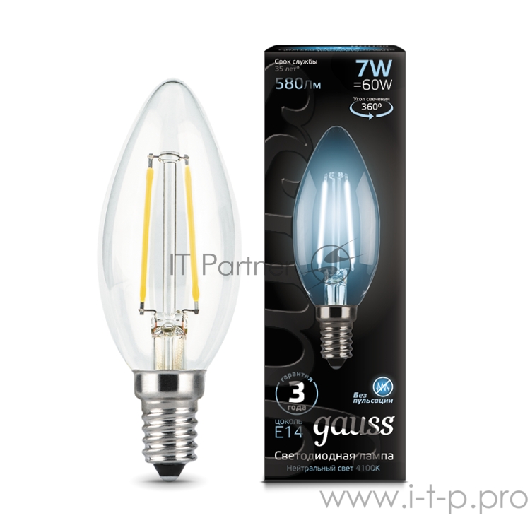GAUSS 103801207 Светодиодная лампа LED Filament Свеча E14 7W 580lm 4100К 1/10/50