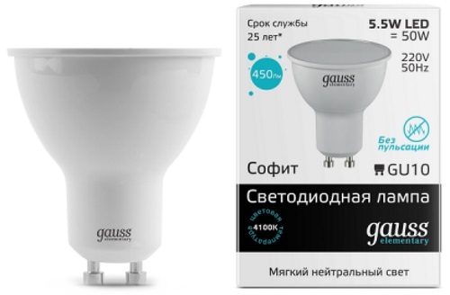 GAUSS 13626 Светодиодная лампа LED Elementary MR16 GU10 5.5W 450lm 4100К 1/10/100