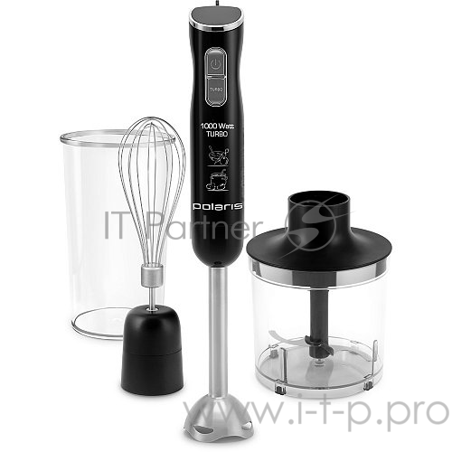 Блендер погружной Polaris, PHB 1072, 1000Вт, ножка металл, 2ск+турбо, измельчитель 0,5л, мерный стакан 0,6л, венчик низкий уровень шума.
