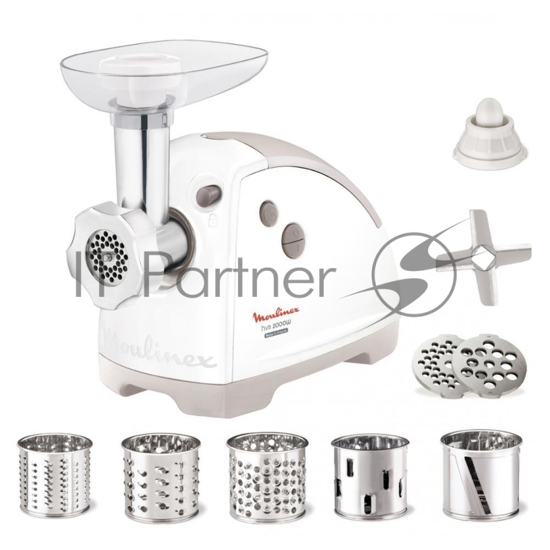 Мясорубка Moulinex, ME 626132 2000Вт/800Вт, 2,6кг/мин, реверс, нерж. сталь/пластик, 2 диска для фарша 4,7 и 8мм, 2 терки, шинковка, насадка для драников, для кеббе, лоток для мяса, цвет белый/серый.