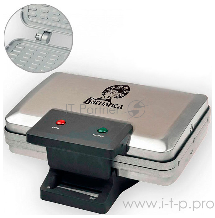 Вафельница ВАСИЛИСА В2-1000 (Мощность 1000 Вт. Размер жарочной поверхности 220х20 см. Корпус из нерж. стали. Регулятор температуры. Индикатор сети. Индикатор готовности к работе. Цвет серебристый.)