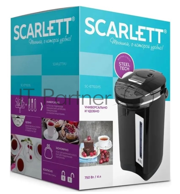 Термочайник Scarlett, SC-ET10D15 черный 750Вт, 4л, корпус и колба нерж, блокировка вкл без воды, двойные стенки, съемная крышка, ступенчатый терморегулятор 3 режима 70-100С, поддержание тепла, индикатор уровня воды, блокировка розлива воды