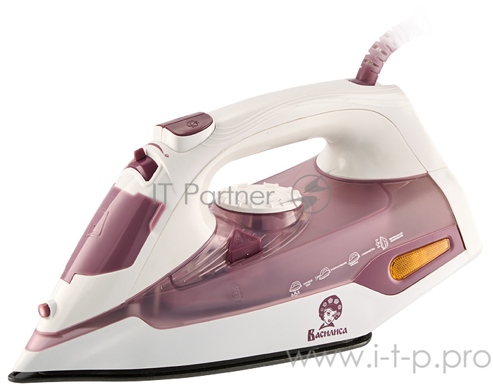Утюг ВАСИЛИСА У4-2000 белый с темно-розовым (Мощность 2000Вт. Подошва с антипригарным покрытием. Терморегулятор. 3 рабочих режима: сухое глажение, отпаривание, разбрызгивание воды. Регулировка степени отпаривания. Вертик. отпарив-е. Паровой удар. Сам