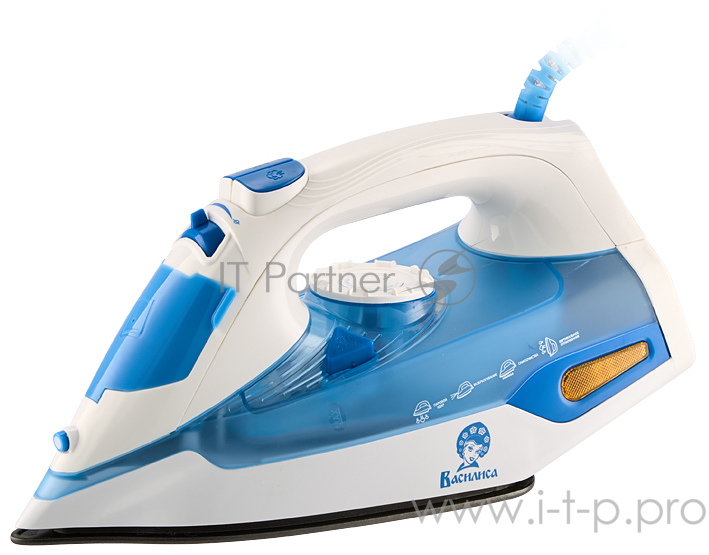 ВАСИЛИСА У4-2000 белый с голубым (Мощность 2000Вт. Подошва с антипригарным покрытием. Терморегулятор. 3 рабочих режима: сухое глажение, отпаривание, разбрызгивание воды. Регулировка степени отпаривания. Вертик. отпарив-е. Паровой удар. Самоочистка.)