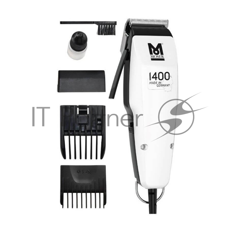 Машинка для стрижки волос Moser 1400-0310 сеть, 10Вт, ножи из нерж. стали, регулируемая насадка (4-18 мм), масло, щеточка для чистки, гребень 4.5 мм, белый/черный.
