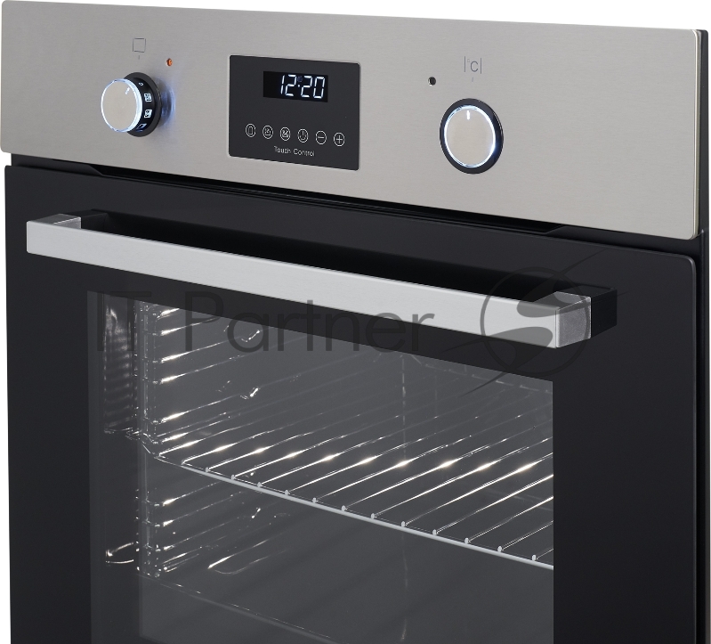Встраиваемые электрические духовки 60 см Weissgauff 59.5х51x57 см, 58л, 9 режимов, утапливаемые переключатели, дисплей, электронное управление с сенсорными кнопками, гриль, конвекция, черное стекло/нержавеющая сталь
