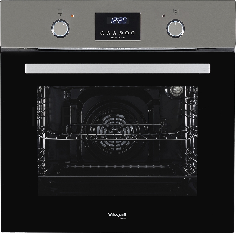 Встраиваемые электрические духовки 60 см Weissgauff 59.5х51x57 см, 58л, 9 режимов, утапливаемые переключатели, дисплей, электронное управление с сенсорными кнопками, гриль, конвекция, черное стекло/нержавеющая сталь