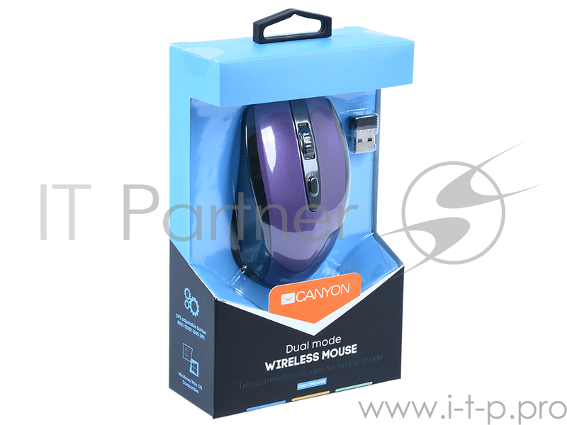 CANYON CNS-CMSW08V {2 in 1 Wireless optial mouse with 6 buttons, DPI 800/1200/1600, 2 mode(BT/ 2.4GHz), Violet}