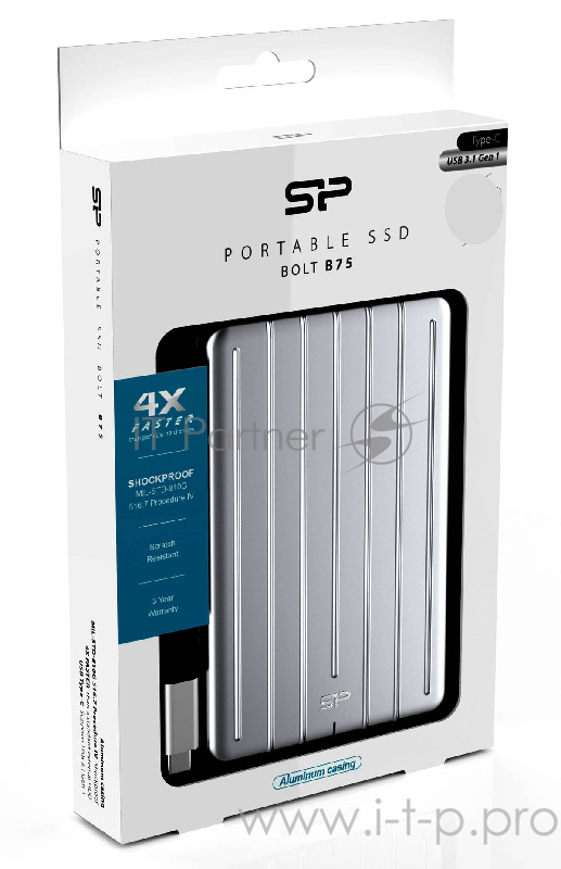 Накопитель External SSD Silicon Power 512Gb Bolt B75 <SP512GBPSDB75SCS> (USB 3.1 Gen1 Type C, 440/430Mbs, противоударный MIL-STD 810G, 124х82х12mm, 85g) Silver