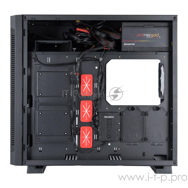 Корпус CHIEFTEC CHIEFTRONIC G1 GR-01B-OP без БП, боковое окно из закаленного стекла, 2xARGB LED STRIPS спереди, 1xARGB LED 120мм ветилятор сзади, Пульт управления RGB, черный, ATX