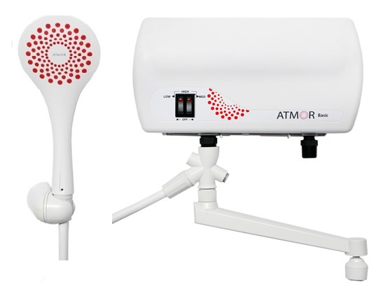 Водонагреватель Atmor BASIC+ 5 KW COMBI проточный Струйная душевая головка гибкий шланг-1,5м кронштейн кухонный гусак комплект сменных и уплотнительных колец тройник-переключатель, Механическое управление. Сетевой шнур 1,2 м. Две клавиши переключен