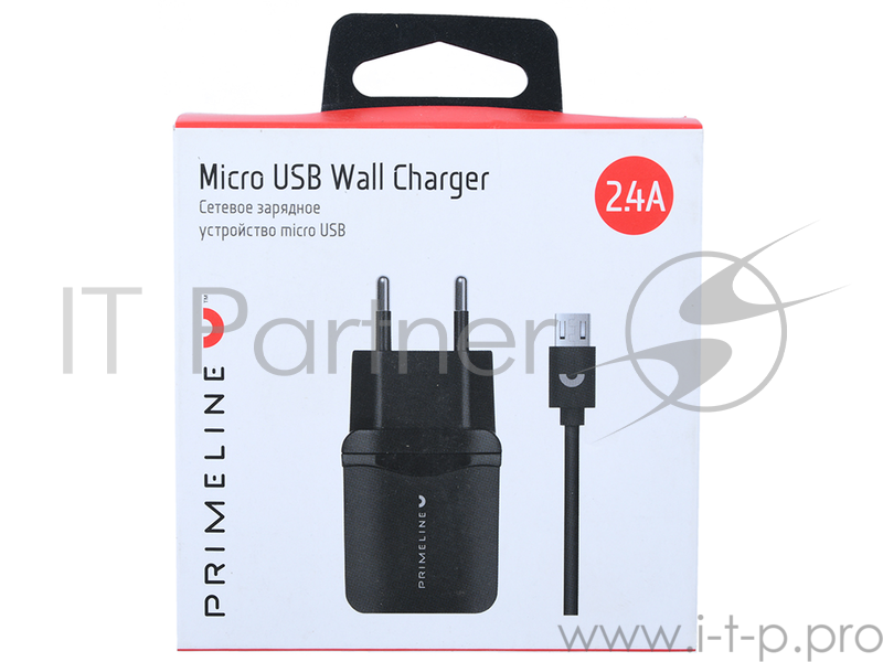 Сетевое зарядное устройство Prime Line 2USB 2.4A + кабель microUSB, 1.2 м., черный