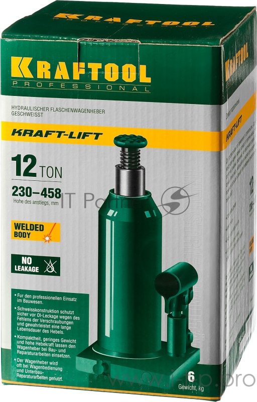 Домкрат KRAFTOOL 43462-12_z01 гидравлический бутылочный kraft-lift сварной 12т 230-458мм