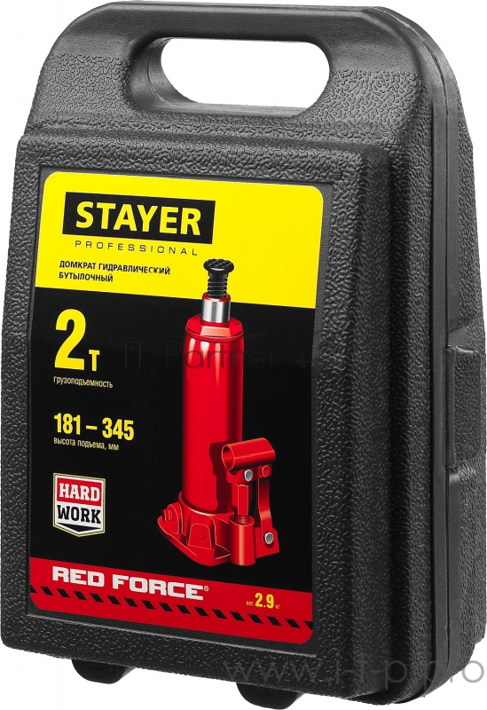 Домкрат STAYER 43160-2-K_z01 гидравлический бутылочный red force 2т 181-345мм в кейсе