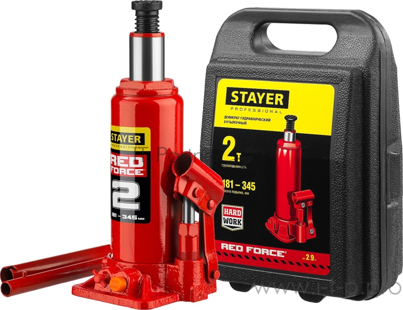 Домкрат STAYER 43160-2-K_z01 гидравлический бутылочный red force 2т 181-345мм в кейсе