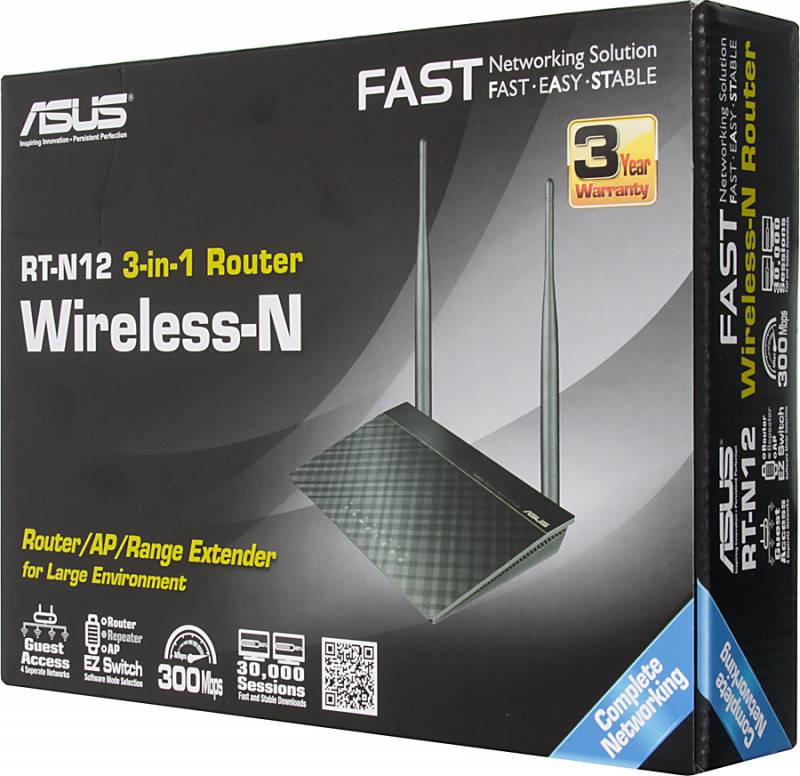 Сетевое оборудование ASUS RT-N12 VP WiFi Router (WLAN 300Mbps, 802.11bgn+4xLAN RG45 10/100+1xWAN) 2x ext Antenna