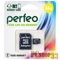 Карта памяти Micro SecureDigital 64Gb Perfeo PF64GMCSX10U1A {MicroSDHC Class 10, UHS-I, SD adapter}