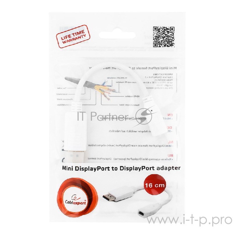 Переходник Cablexpert Переходник miniDisplayPort - DisplayPort, 20F/20M, длина 16см, белый (A-mDPF-DPM-001-W)