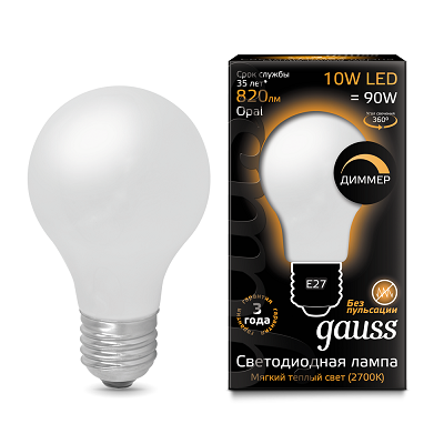 Светодиодная лампа LED GAUSS 102202110-D Filament A60 OPAL dimmable E27 10W 820lm 2700К 1/10/40
