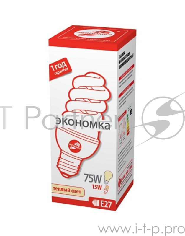 Лампа энергосберегающая ЭКОНОМКА SPC15wE2727eco, 15 Вт, теплый свет, цоколь 27, спираль Т3