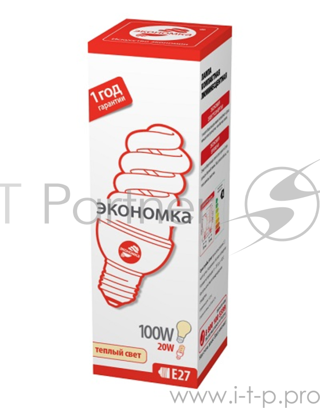 Лампа энергосберегающая ЭКОНОМКА SPC20wE2727eco, 20 Вт, теплый свет, цоколь 27, спираль Т3