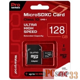 Карта памяти QUMO MicroSDXC 128 GB 90/70 МБ/с UHS-I U3, Pro seria 3.0 с адаптером SD, красная картонная упаковка