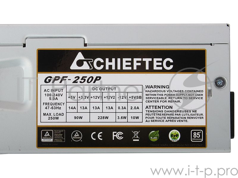 Блок питания Chieftec 250W OEM GPF-250P TFX, , v2.3, A.PFC, КПД>85%, 2x SATA, 2x MOLEX, Fan 8 cm.
