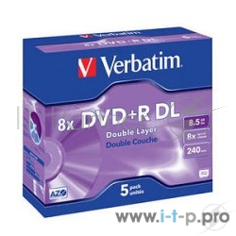 Диск 43541 Диски DVD+R Verbatim 8x, 8.5Gb/240min Double Layer (Jewel Case, 5шт.)
