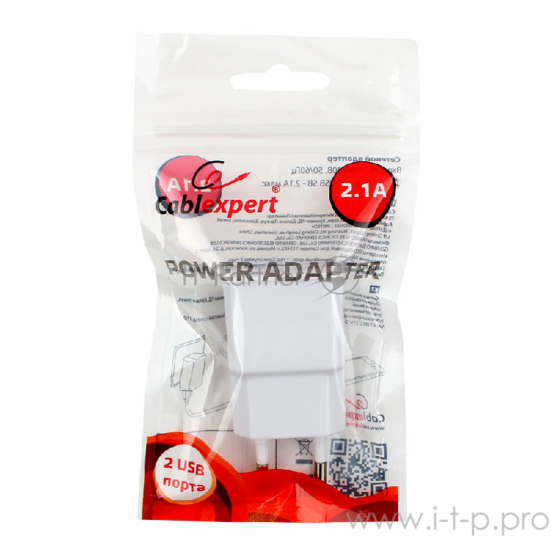 Аксессуар Cablexpert Адаптер питания 100/220V - 5V USB 2 порта, 2.1A, белый (MP3A-PC-11 )
