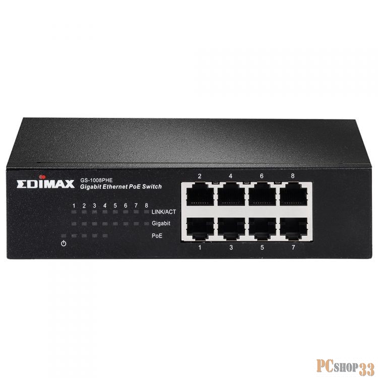 Сетевое оборудование EDIMAX GS-1008PHE Неуправляемый коммутатор, 8 портов, GbE PoE+: 4/8p 100/1000, 43W